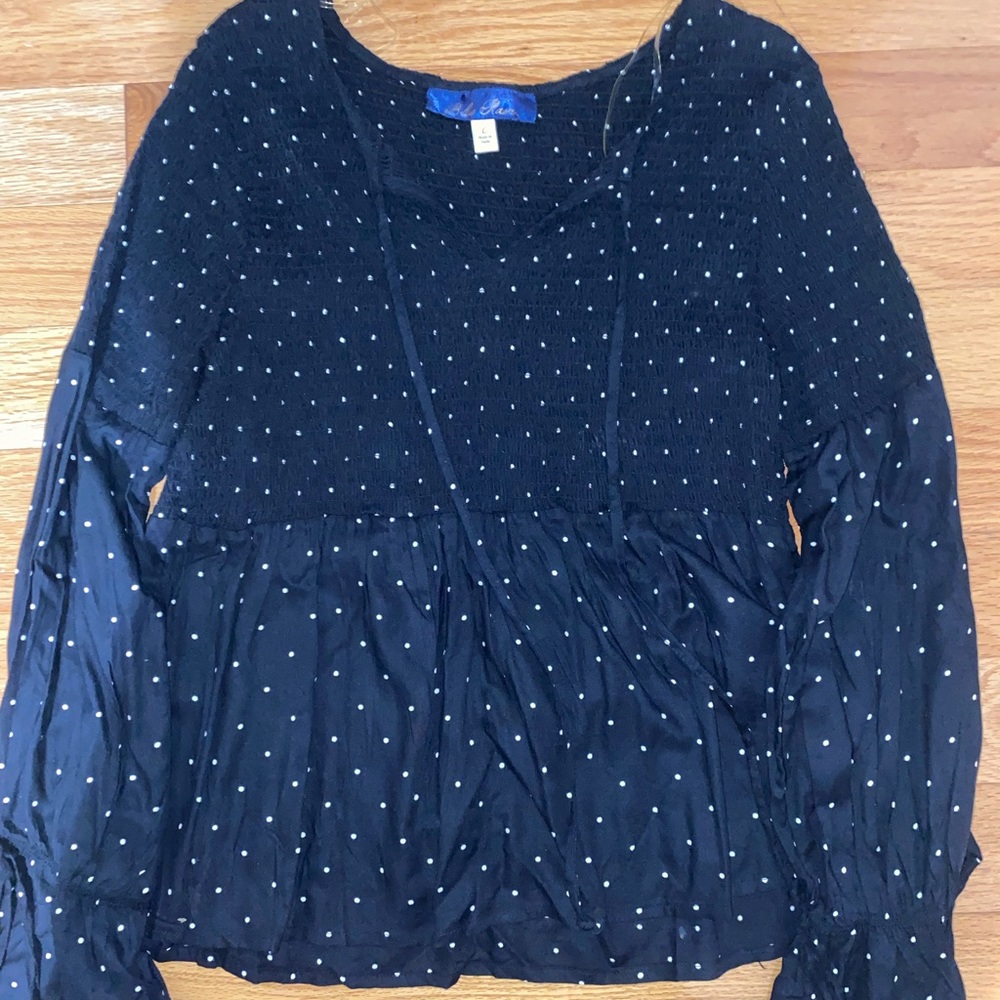 Fit and flare black and white polka dot long sleeve size L